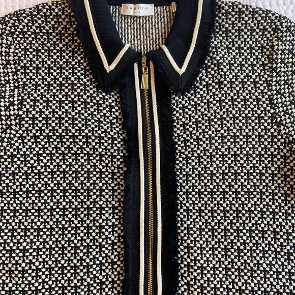 Sandro Paris Polie Dress Black and White Tweed Contrast Trim Women Size 10 - Picture 4 of 10